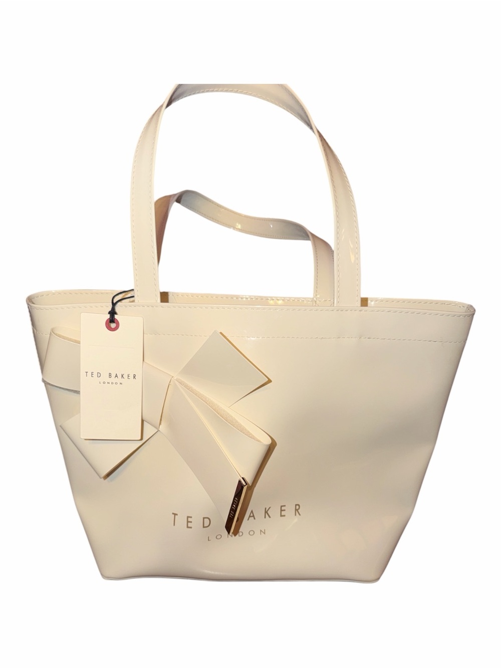 NWT Ted Baker London Ivory Cream Patent Vinyl Bow Icon Shopper Tote Bag